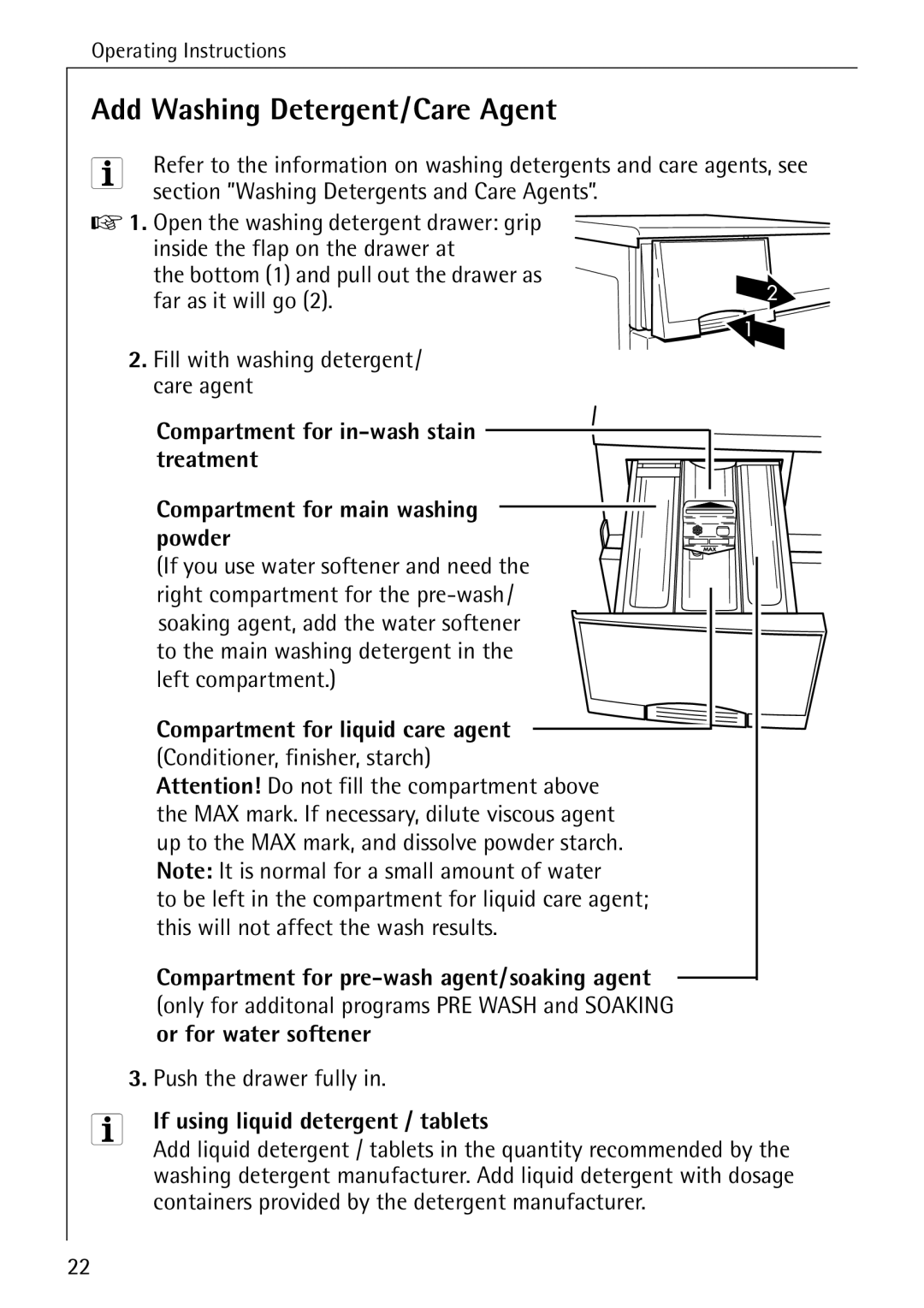 AEG 70630 manual Add Washing Detergent/Care Agent, Section Washing Detergents and Care Agents 