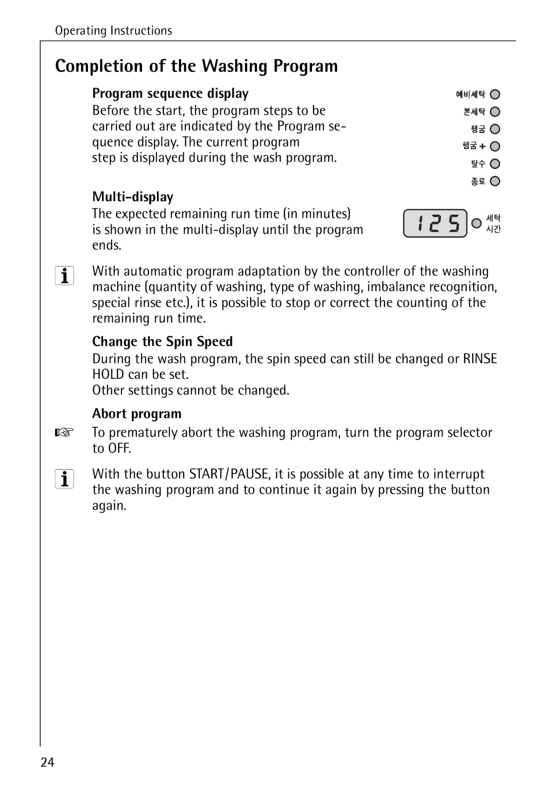 AEG 70630 Completion of the Washing Program, Program sequence display, Multi-display, Change the Spin Speed, Abort program 