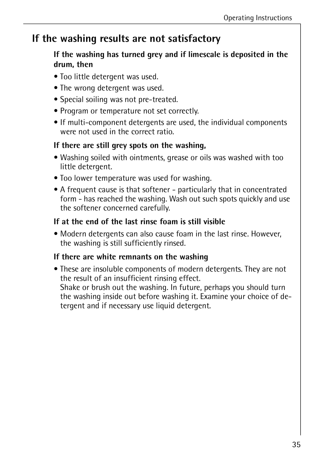 AEG 70630 manual If the washing results are not satisfactory, If there are still grey spots on the washing 