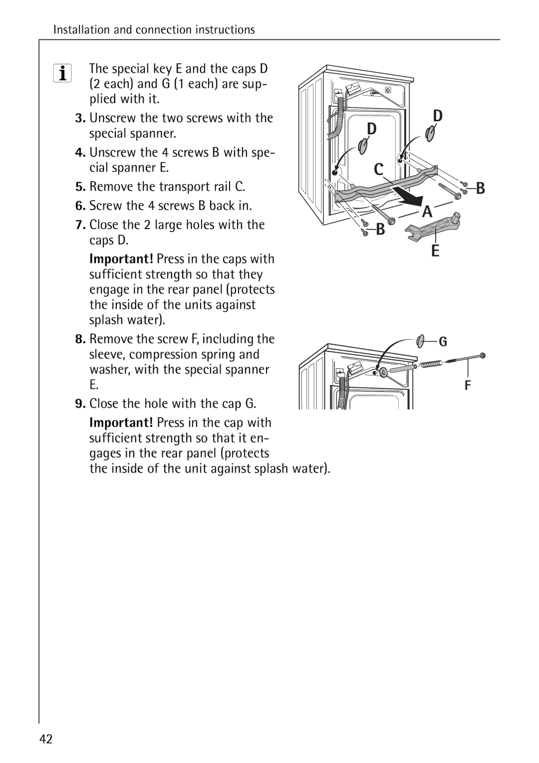 AEG 70630 manual Close the hole with the cap G, Inside of the unit against splash water 