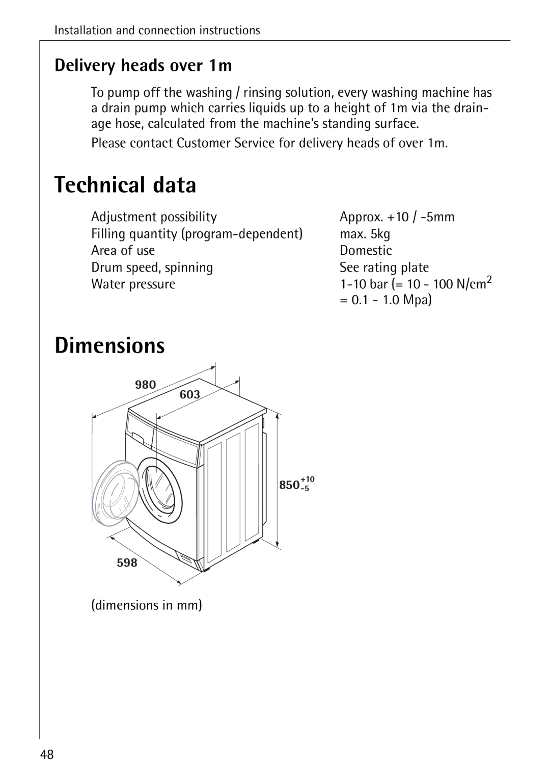 AEG 70630 manual Technical data, Delivery heads over 1m, = 0.1 1.0 Mpa, Dimensions in mm 