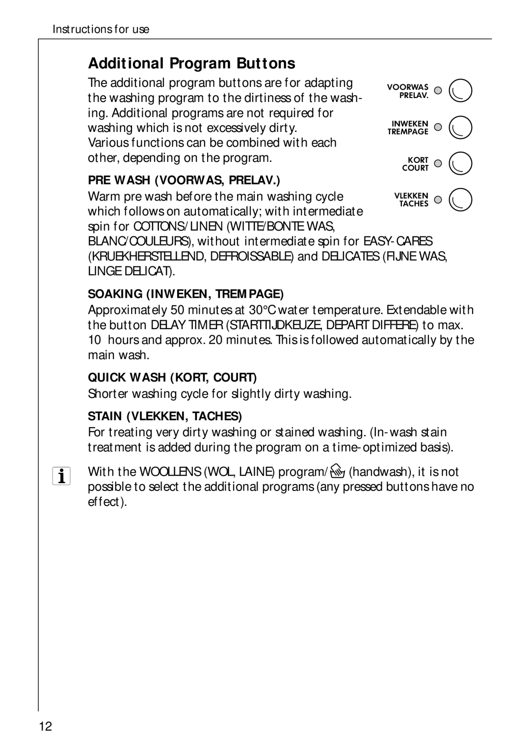 AEG 70730 manual Additional Program Buttons, PRE Wash VOORWAS, Prelav 