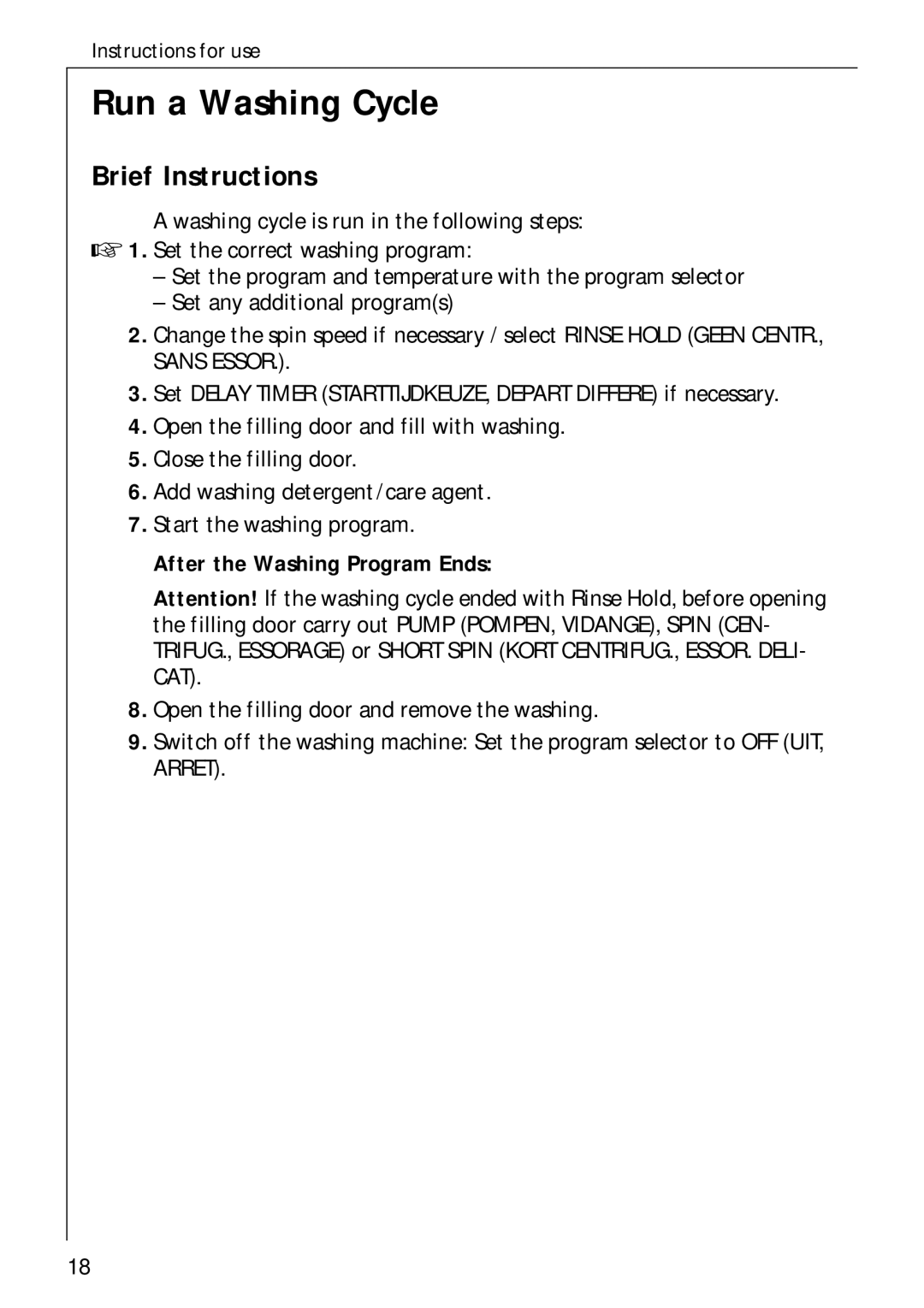 AEG 70730 manual Run a Washing Cycle, Brief Instructions, After the Washing Program Ends 