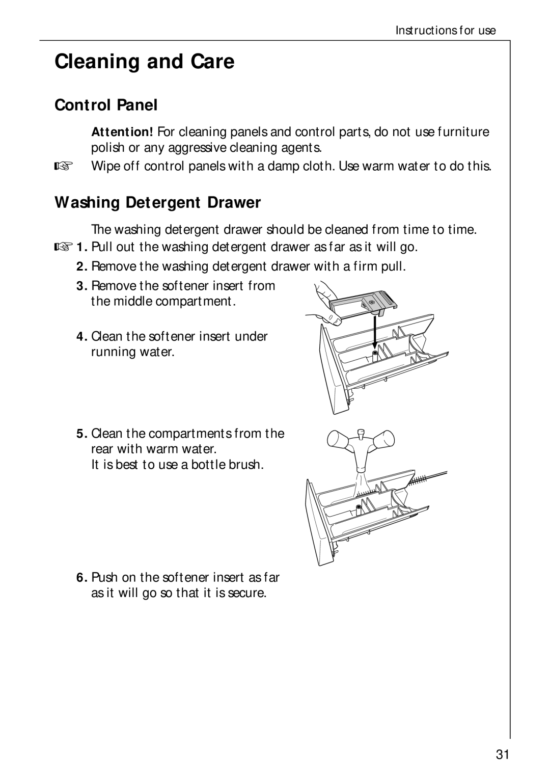 AEG 70730 manual Cleaning and Care, Washing Detergent Drawer 