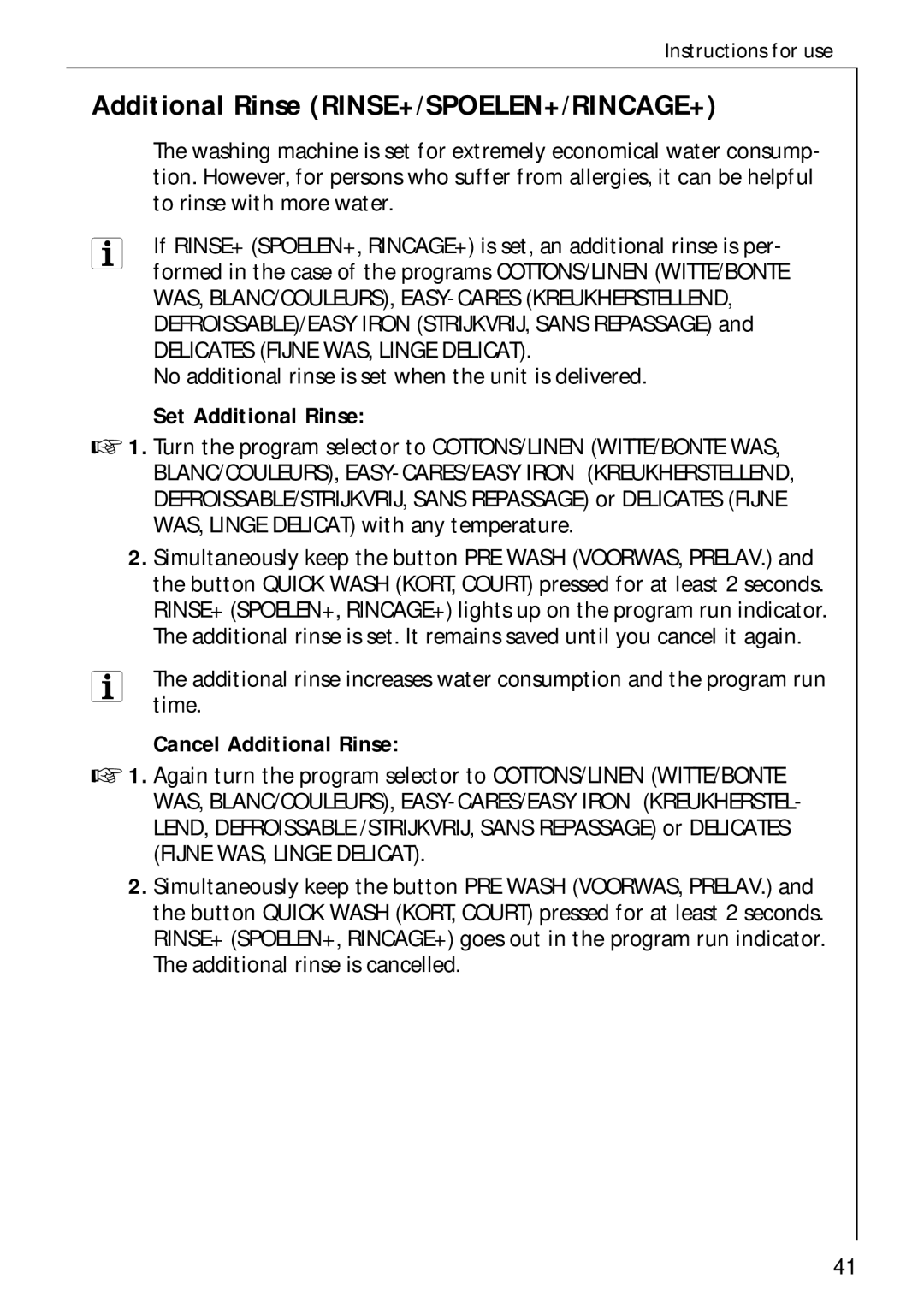 AEG 70730 manual Additional Rinse RINSE+/SPOELEN+/RINCAGE+, Set Additional Rinse, Cancel Additional Rinse 