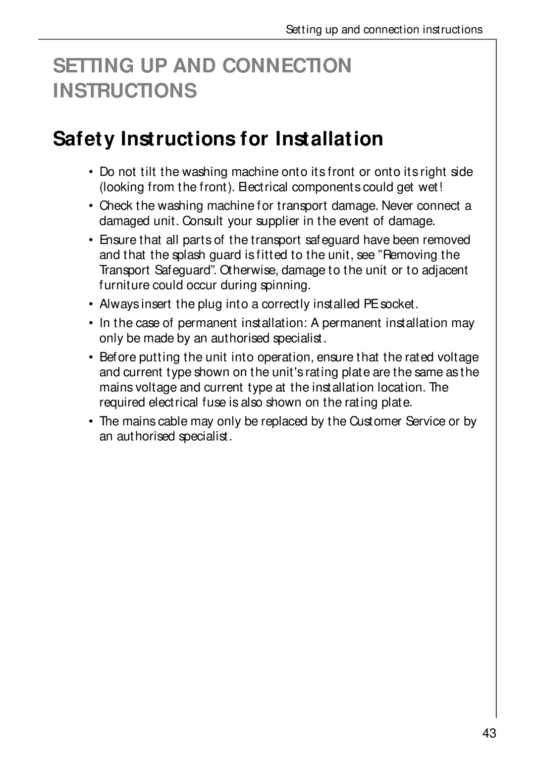 AEG 70730 manual Setting UP and Connection Instructions, Safety Instructions for Installation 