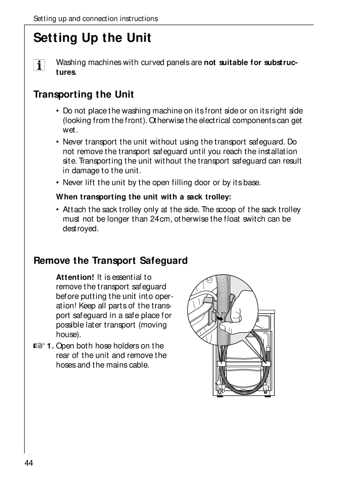 AEG 70730 manual Setting Up the Unit, Transporting the Unit, Remove the Transport Safeguard 