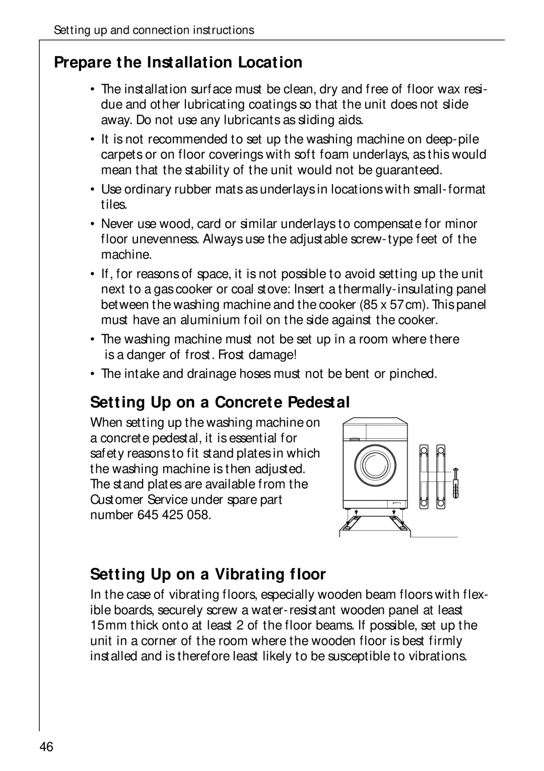 AEG 70730 manual Prepare the Installation Location, Setting Up on a Concrete Pedestal, Setting Up on a Vibrating floor 