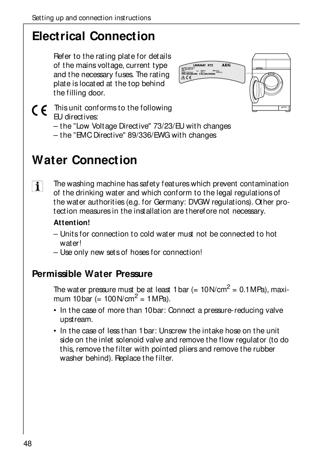 AEG 70730 manual Electrical Connection, Water Connection, Permissible Water Pressure 