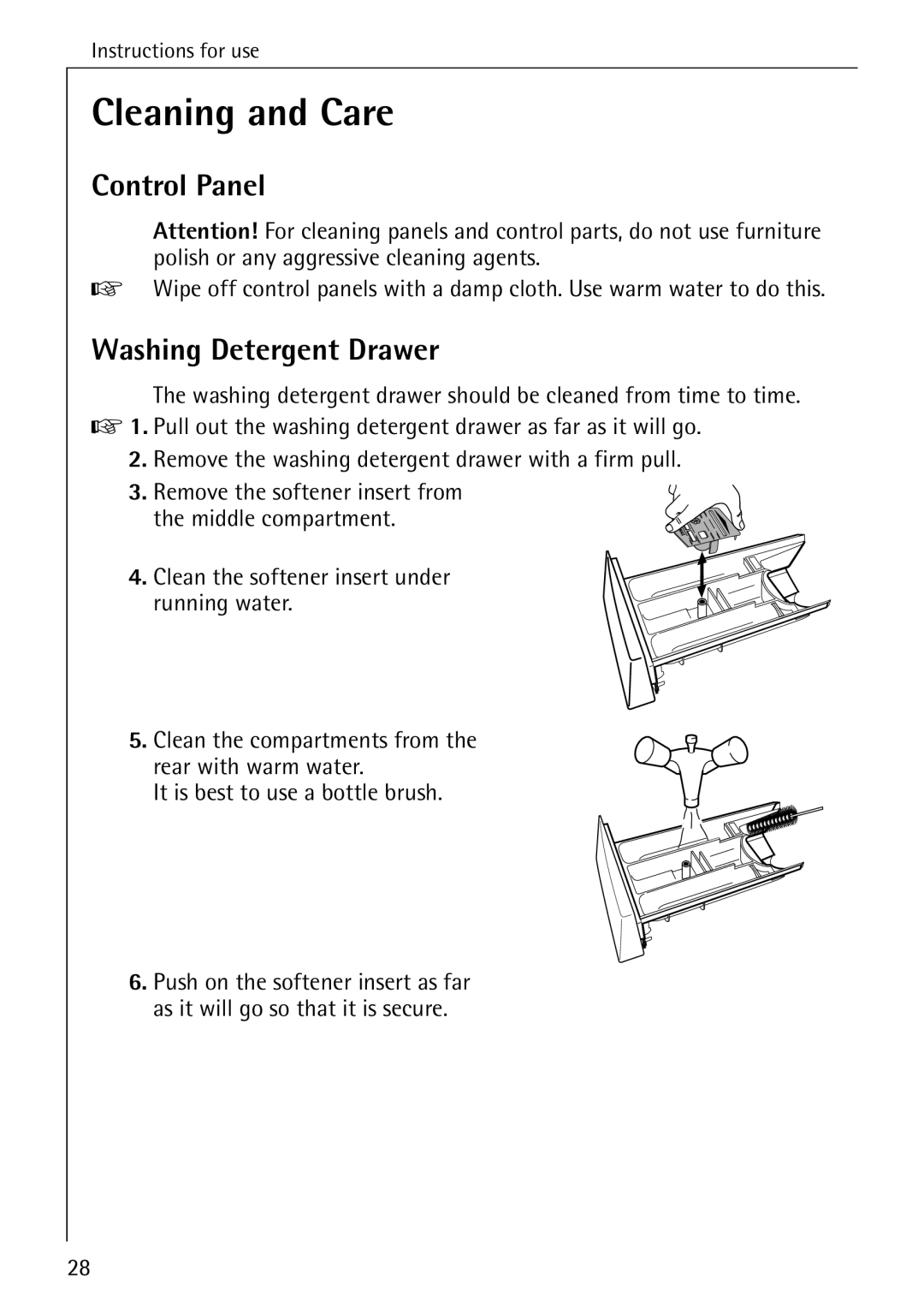 AEG 7200 manual Cleaning and Care, Washing Detergent Drawer 