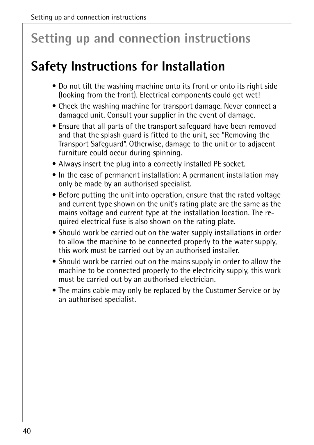 AEG 7200 manual Setting up and connection instructions, Safety Instructions for Installation 