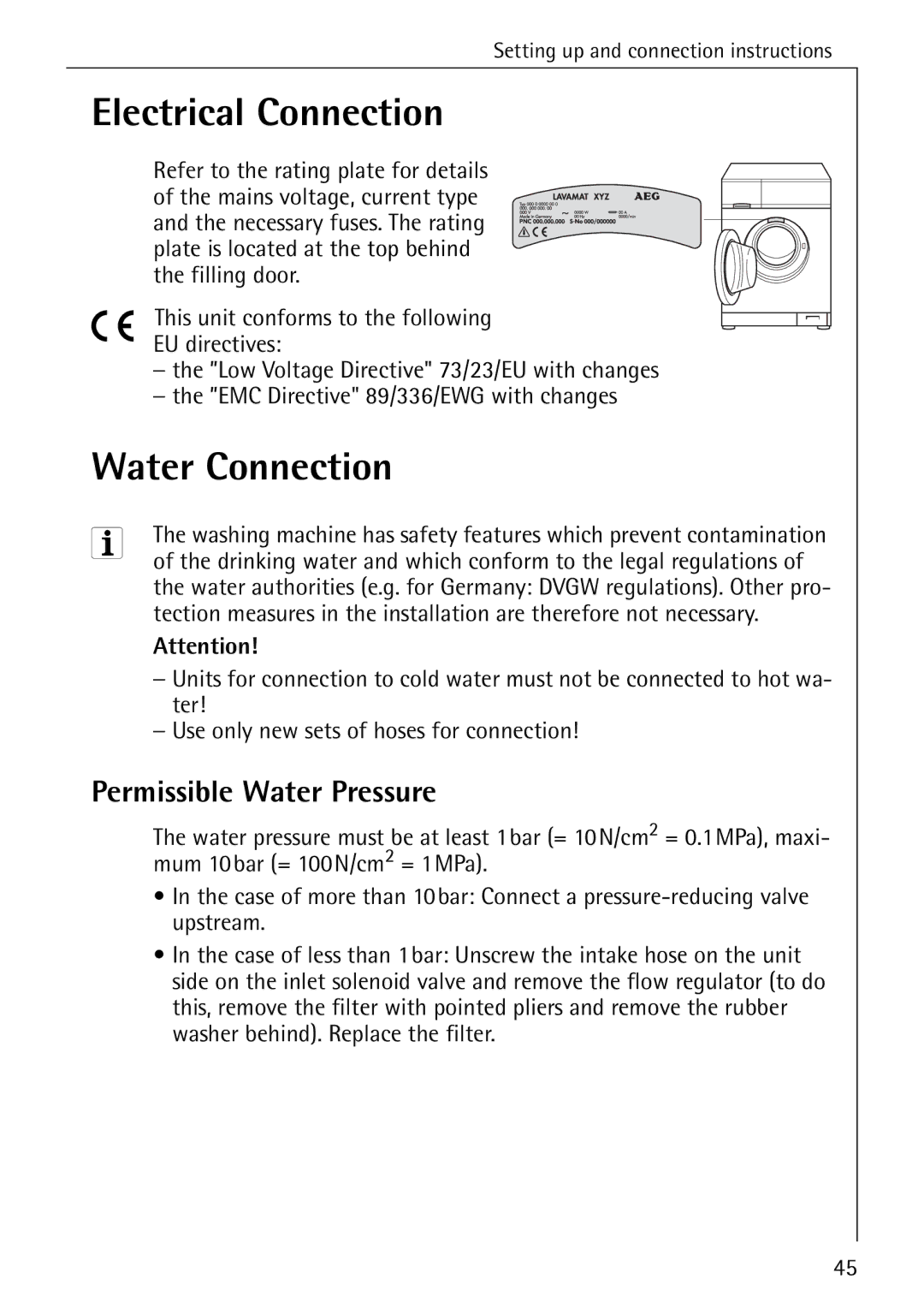 AEG 7200 manual Electrical Connection, Water Connection, Permissible Water Pressure 