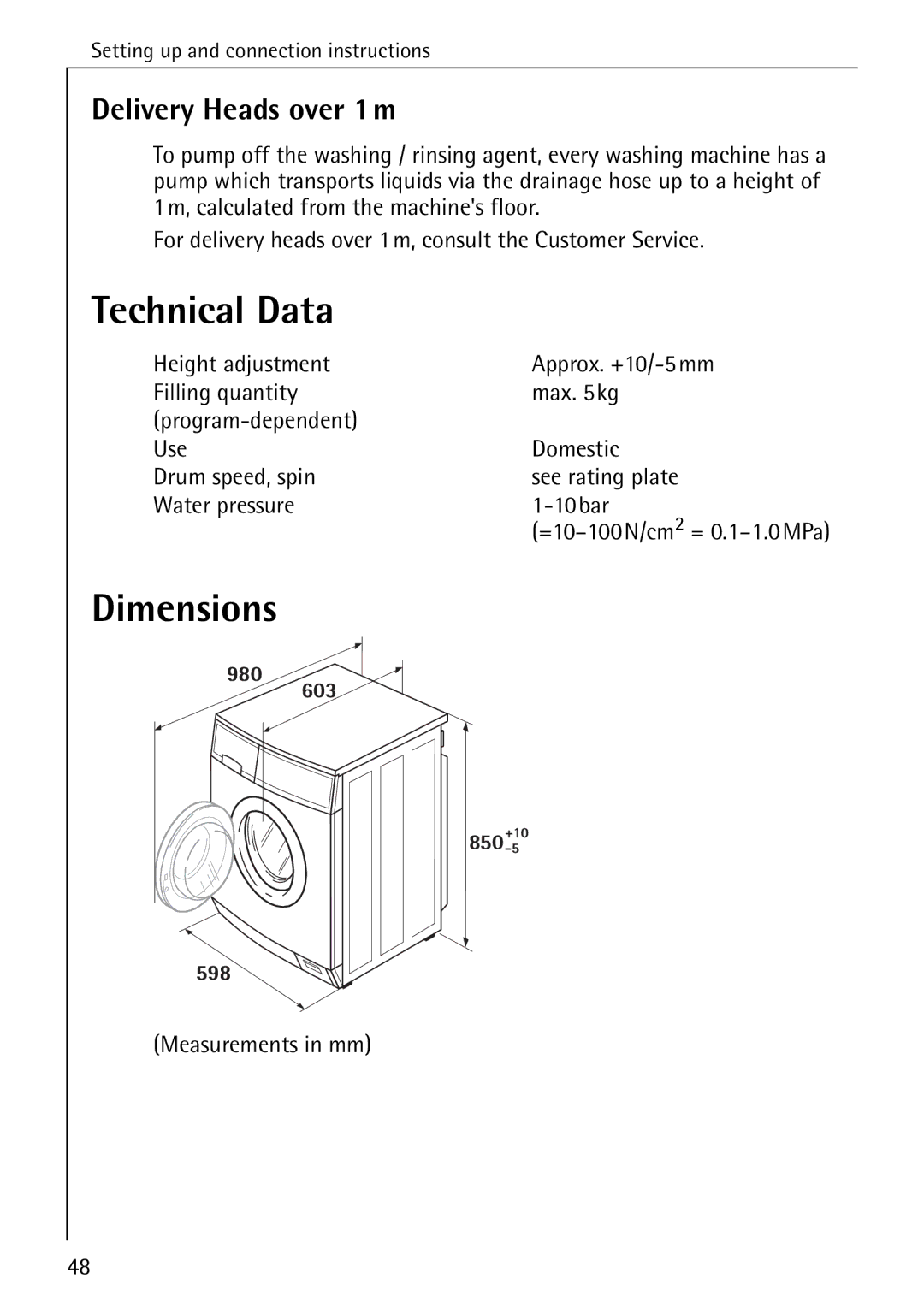 AEG 7200 manual Technical Data, Dimensions, Delivery Heads over 1m, Measurements in mm 