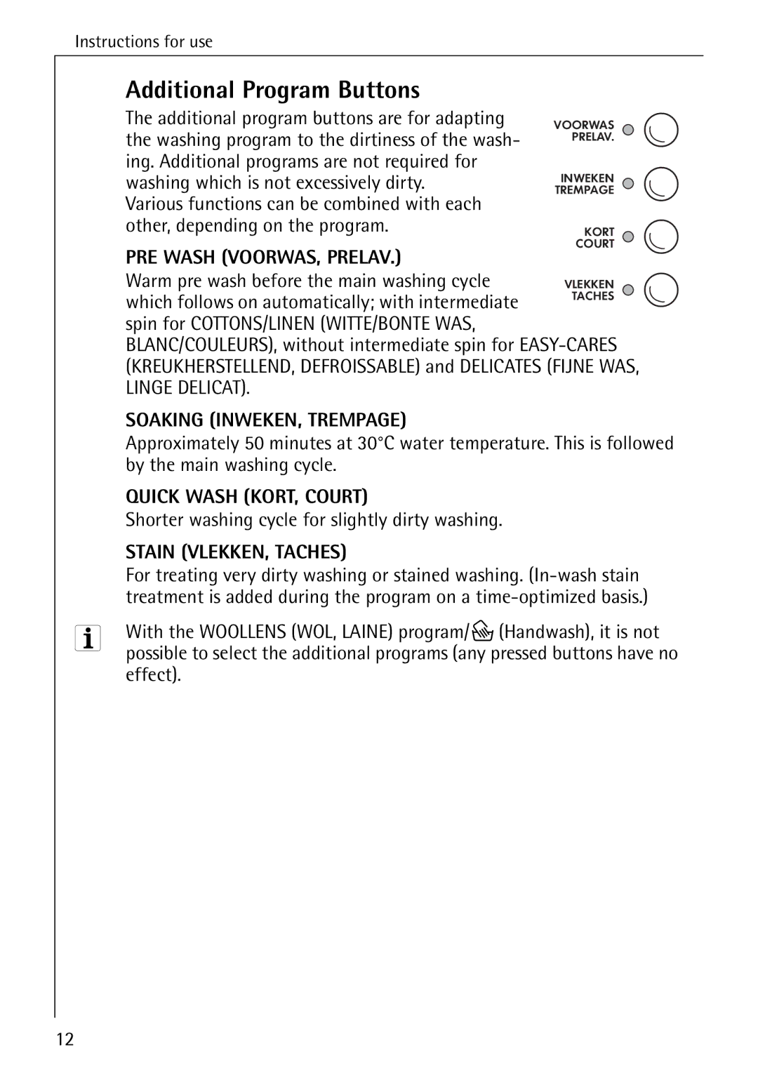 AEG 72330 manual Additional Program Buttons, PRE Wash VOORWAS, Prelav 