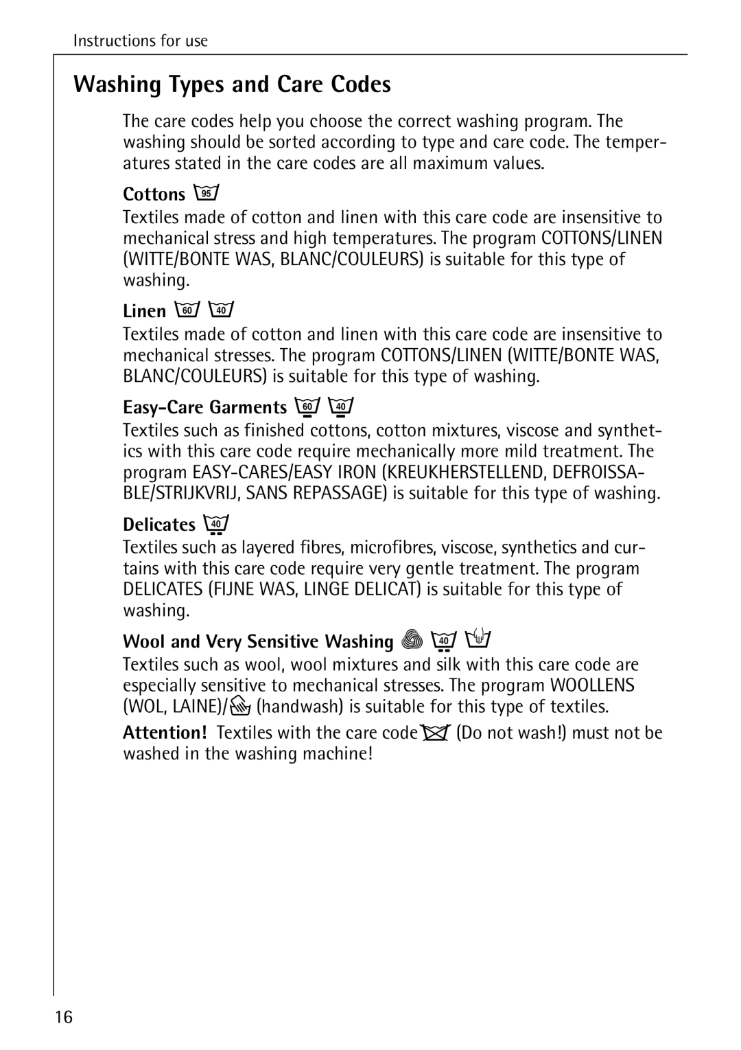 AEG 72330 manual Washing Types and Care Codes 