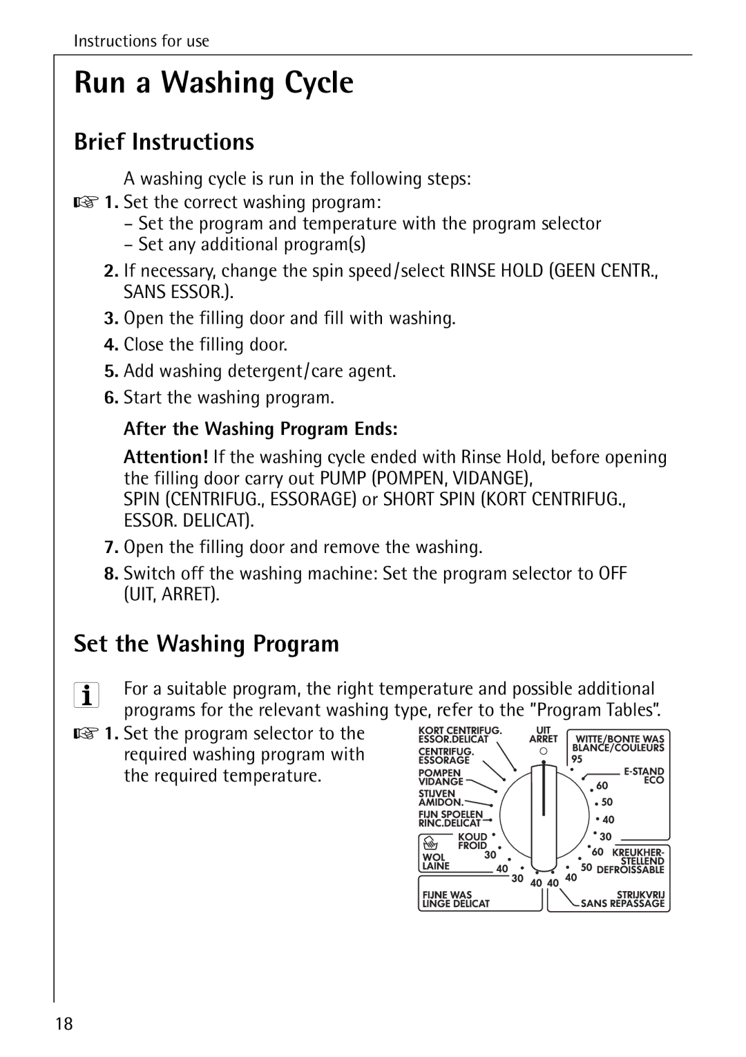 AEG 72330 manual Run a Washing Cycle, Brief Instructions, Set the Washing Program, After the Washing Program Ends 