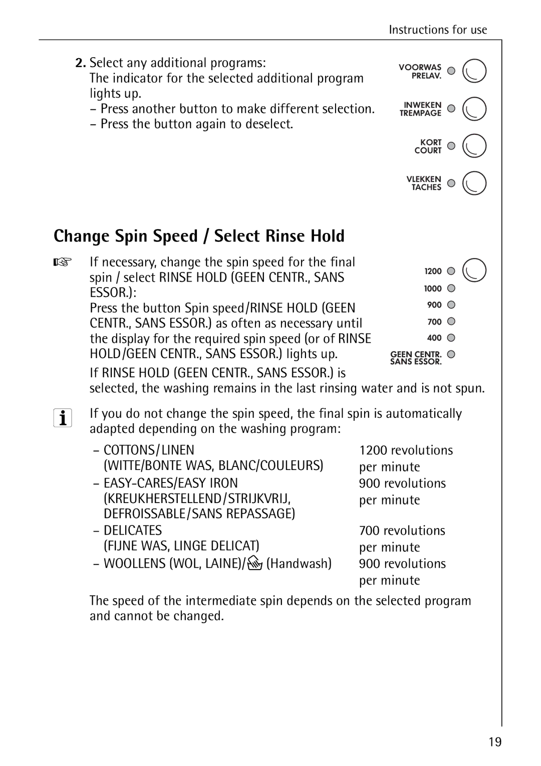 AEG 72330 manual Change Spin Speed / Select Rinse Hold, If necessary, change the spin speed for the final 