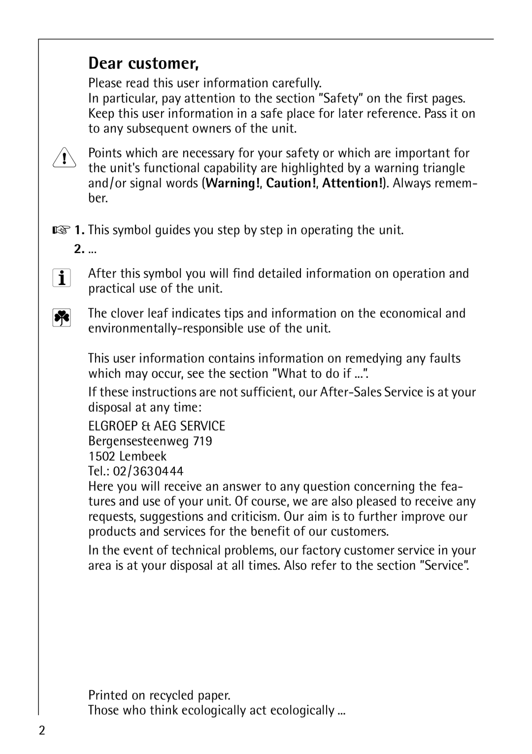 AEG 72330 manual Dear customer, Tel /3630444 