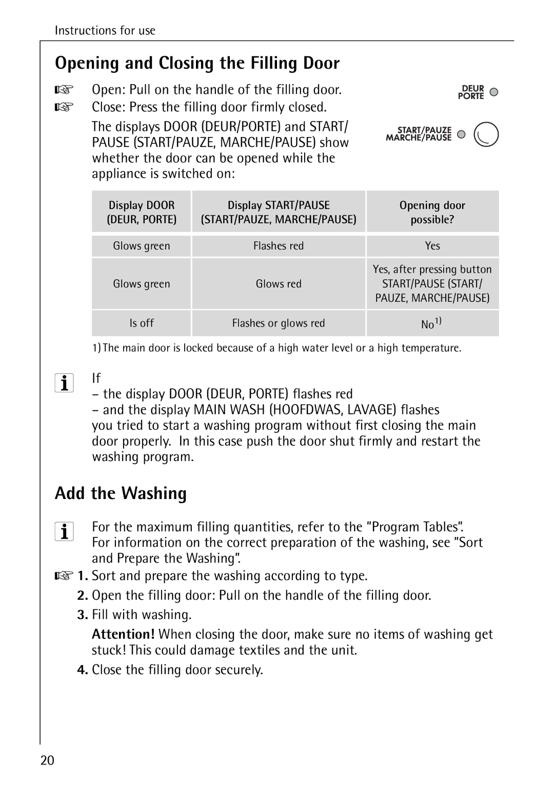 AEG 72330 manual Opening and Closing the Filling Door, Add the Washing 