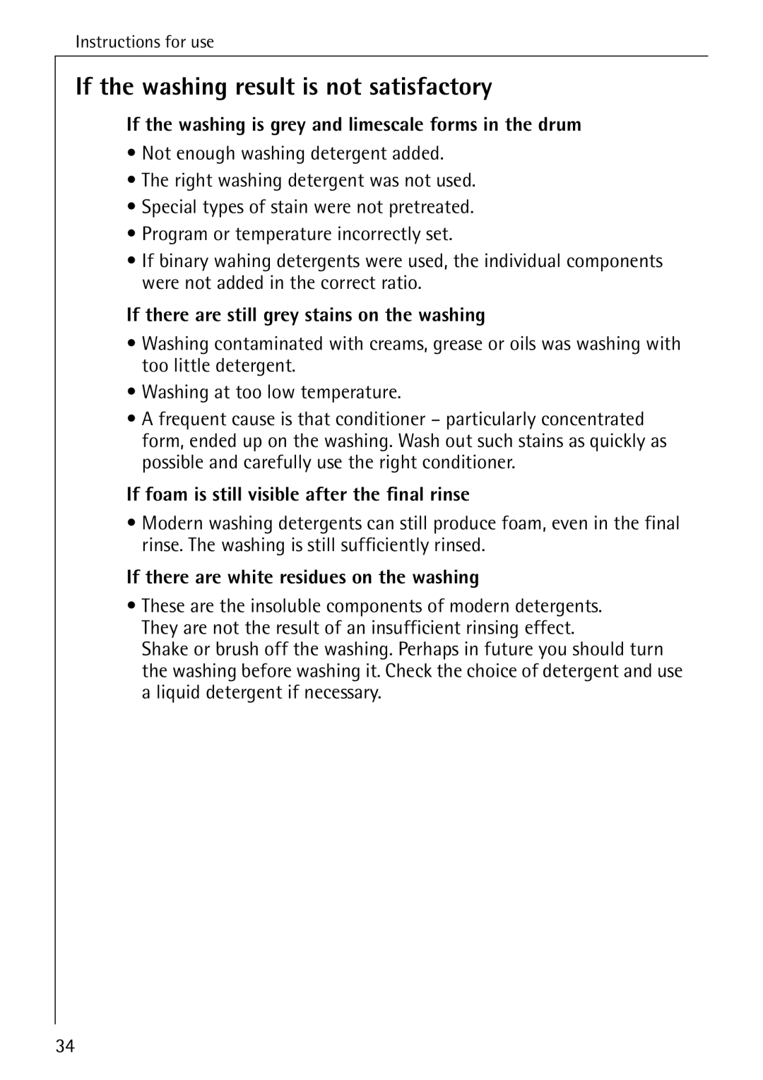 AEG 72330 manual If the washing result is not satisfactory, If the washing is grey and limescale forms in the drum 