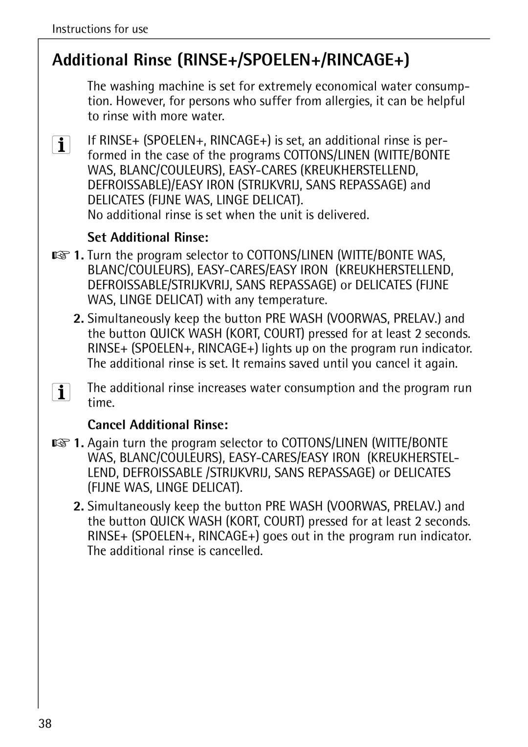 AEG 72330 manual Additional Rinse RINSE+/SPOELEN+/RINCAGE+, Set Additional Rinse, Cancel Additional Rinse 