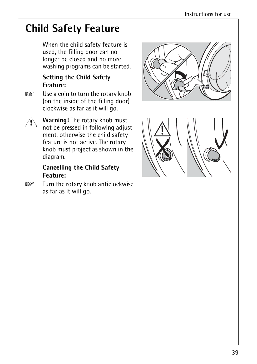 AEG 72330 manual Setting the Child Safety Feature, Cancelling the Child Safety Feature 