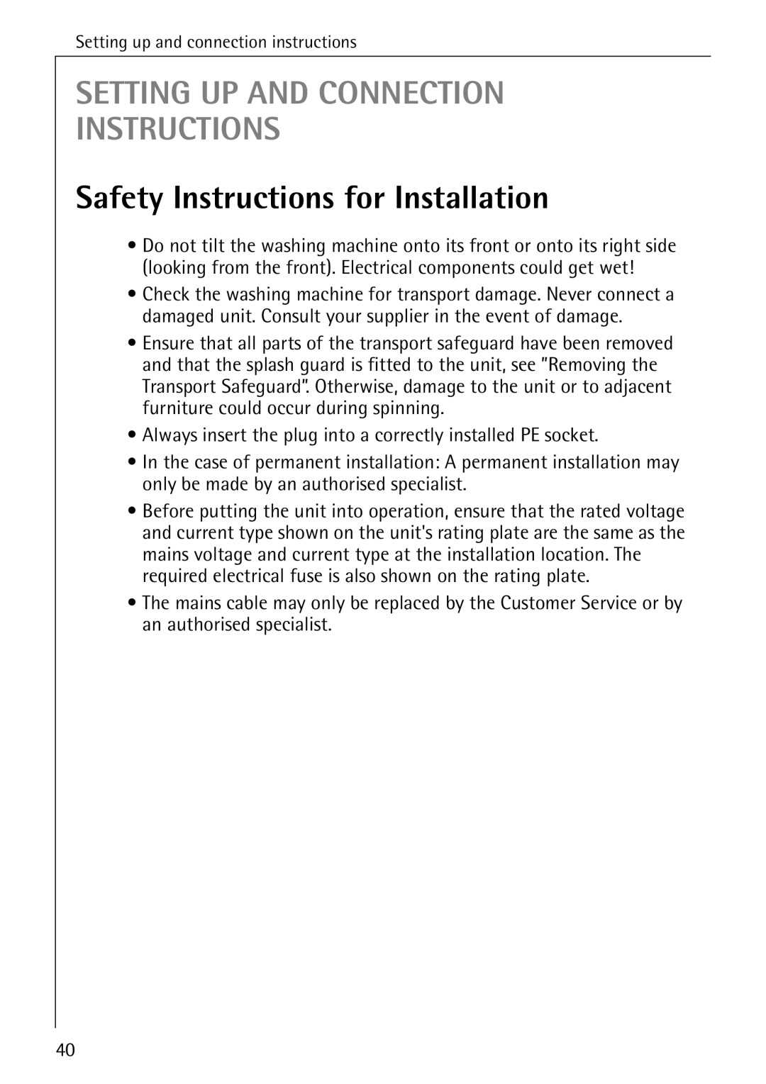 AEG 72330 manual Setting UP and Connection Instructions, Safety Instructions for Installation 