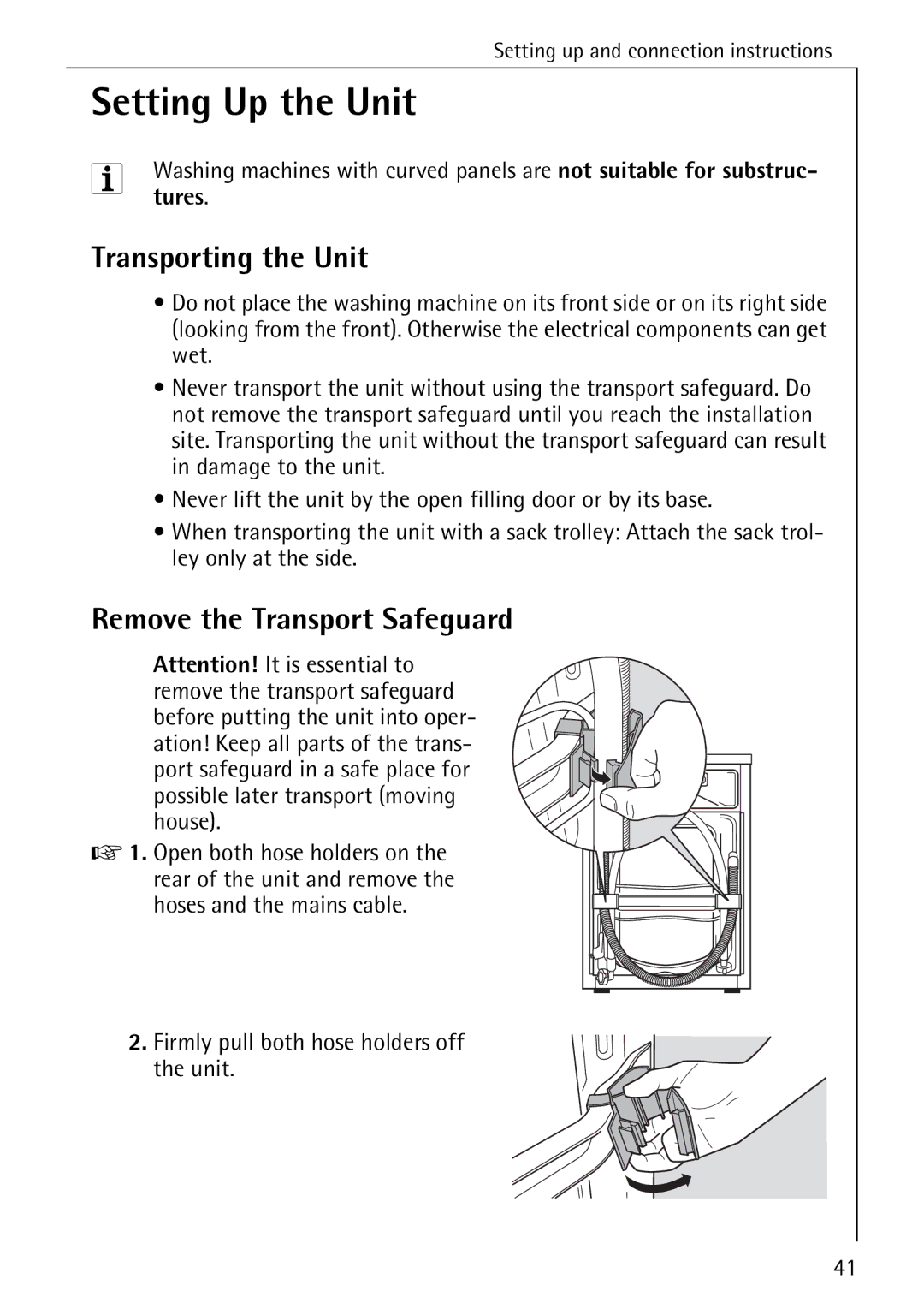 AEG 72330 manual Setting Up the Unit, Transporting the Unit, Remove the Transport Safeguard 