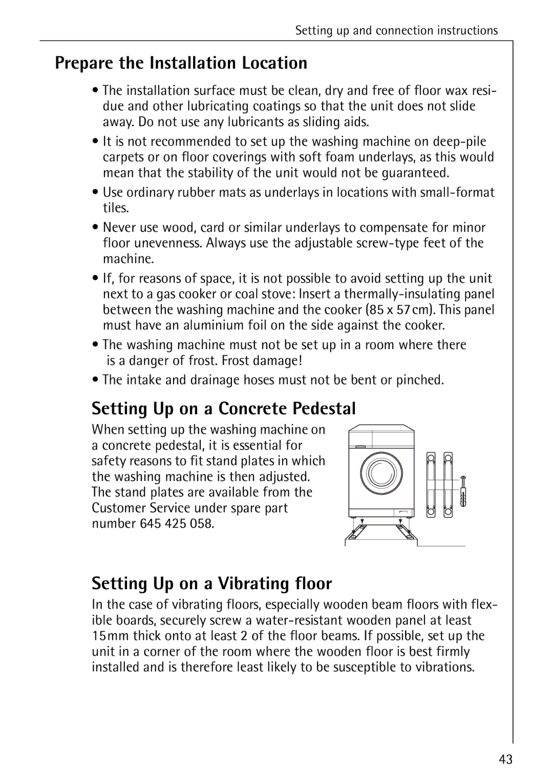 AEG 72330 manual Prepare the Installation Location, Setting Up on a Concrete Pedestal, Setting Up on a Vibrating floor 