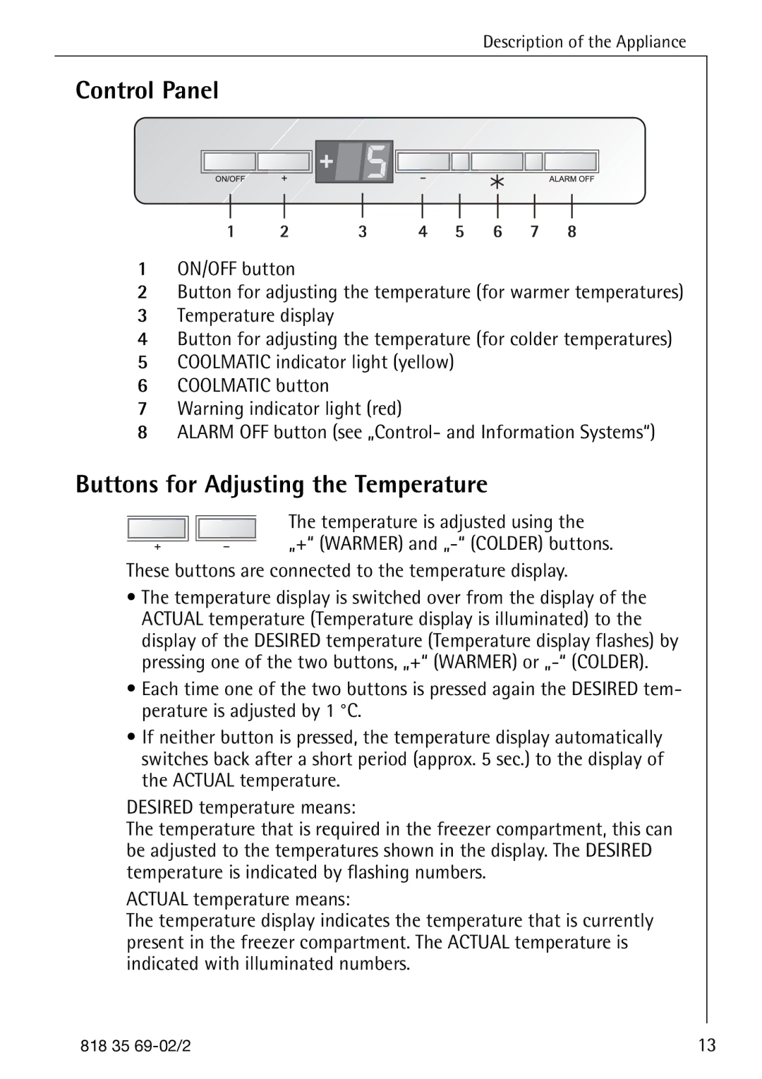 AEG 72358-KA3 manual Control Panel, Buttons for Adjusting the Temperature 