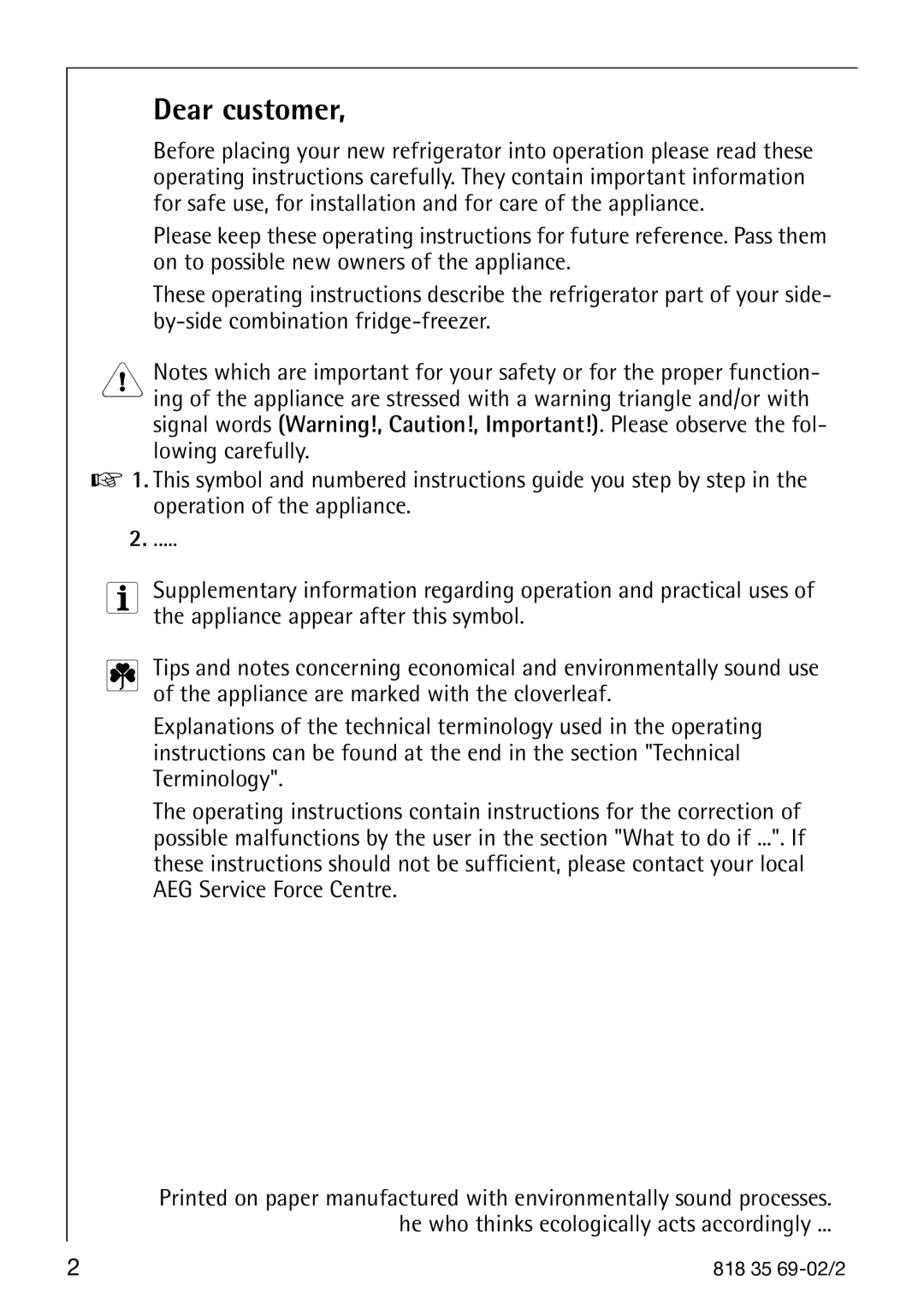 AEG 72358-KA3 manual Dear customer 