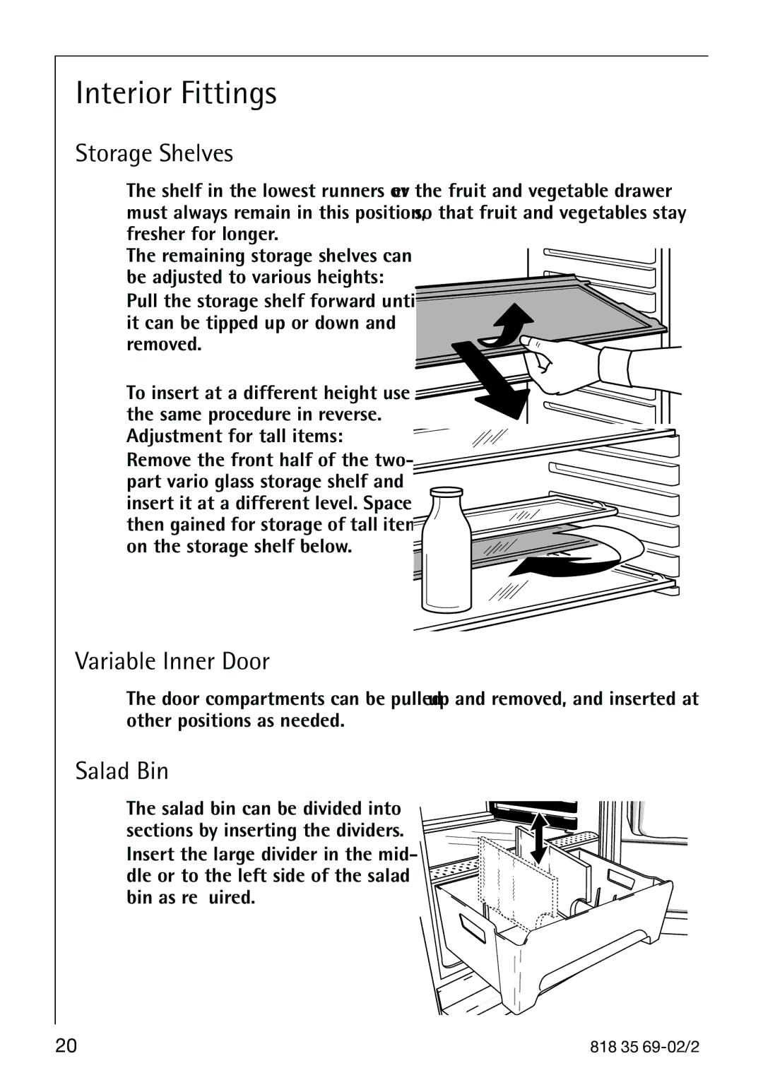 AEG 72358-KA3 manual Interior Fittings, Storage Shelves, Variable Inner Door, Salad Bin 