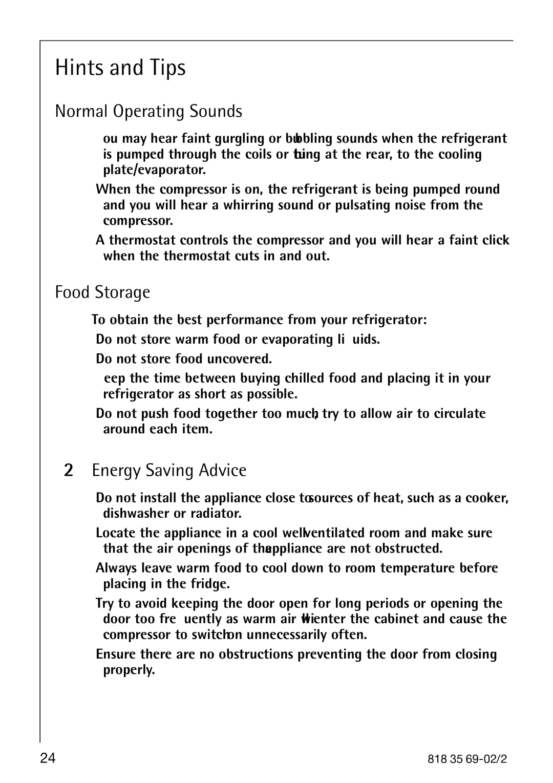 AEG 72358-KA3 manual Hints and Tips, Normal Operating Sounds, Food Storage, Energy Saving Advice 