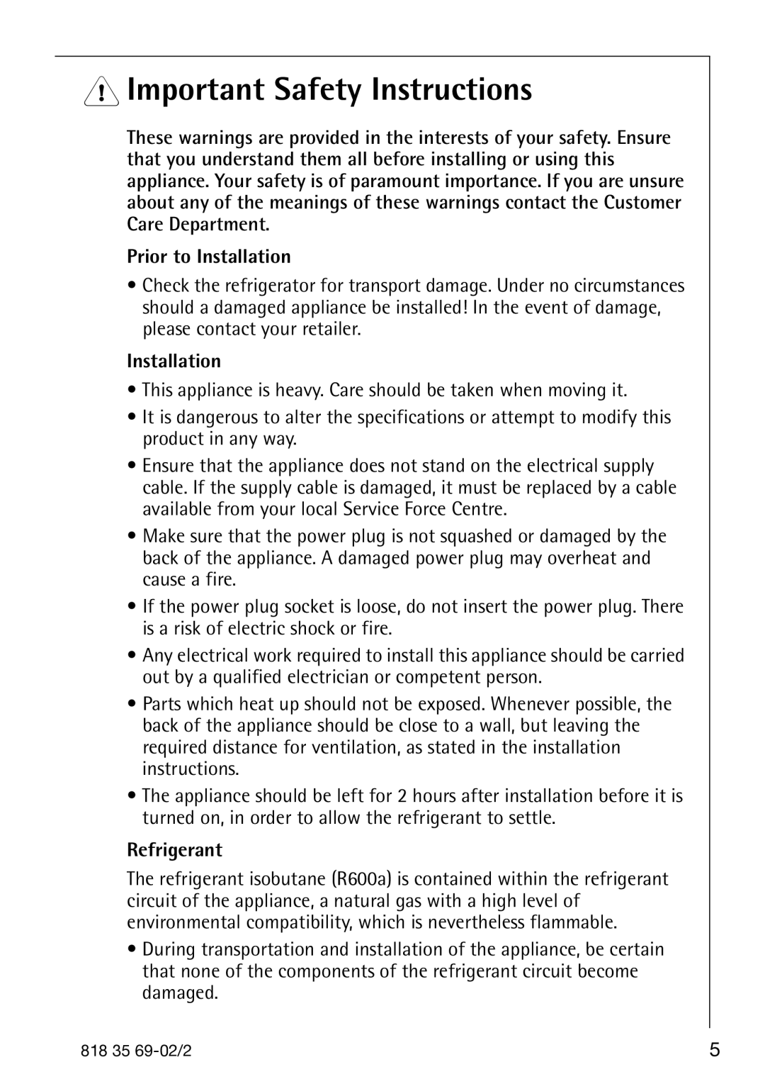 AEG 72358-KA3 manual Important Safety Instructions, Prior to Installation, Refrigerant 