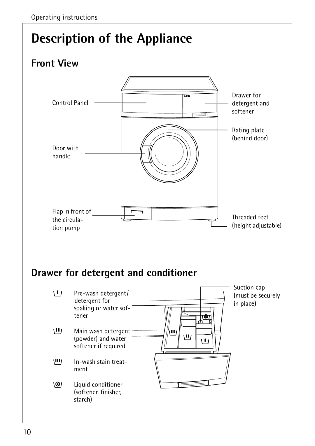 AEG 72620 manual Description of the Appliance, Front View, Drawer for detergent and conditioner 