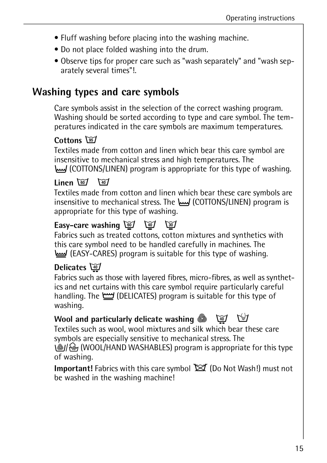 AEG 72620 manual Washing types and care symbols 