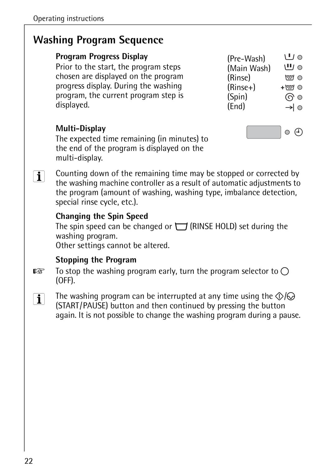 AEG 72620 Washing Program Sequence, Program Progress Display, Multi-Display, Changing the Spin Speed, Stopping the Program 