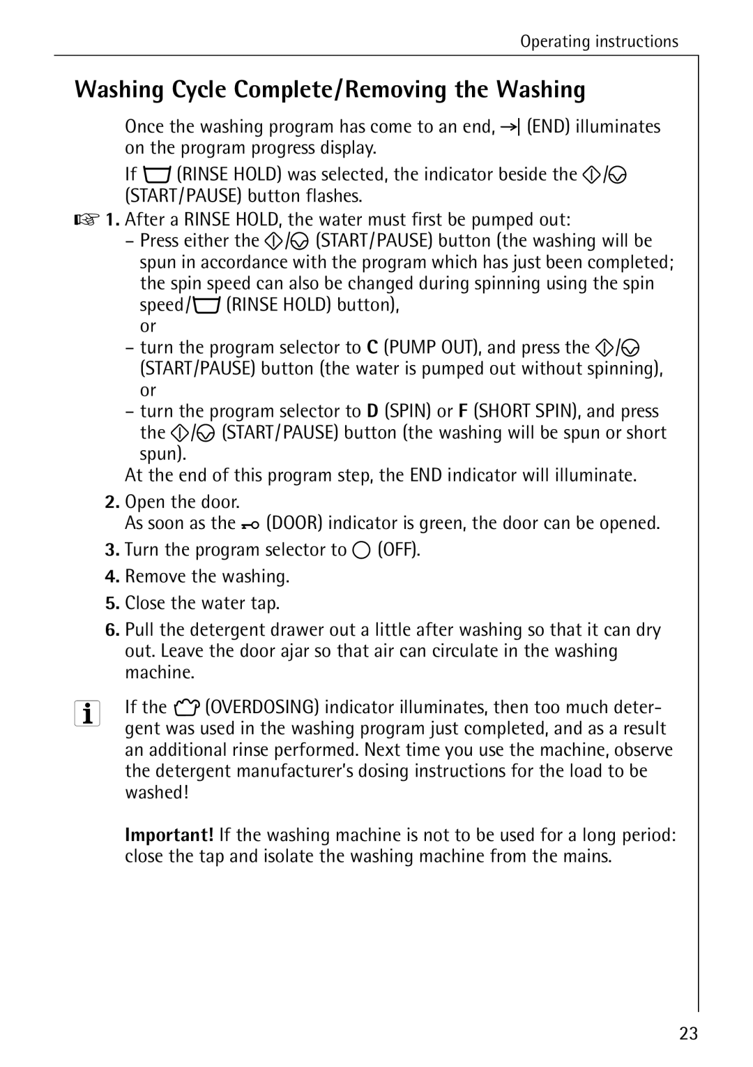 AEG 72620 manual Washing Cycle Complete/Removing the Washing 