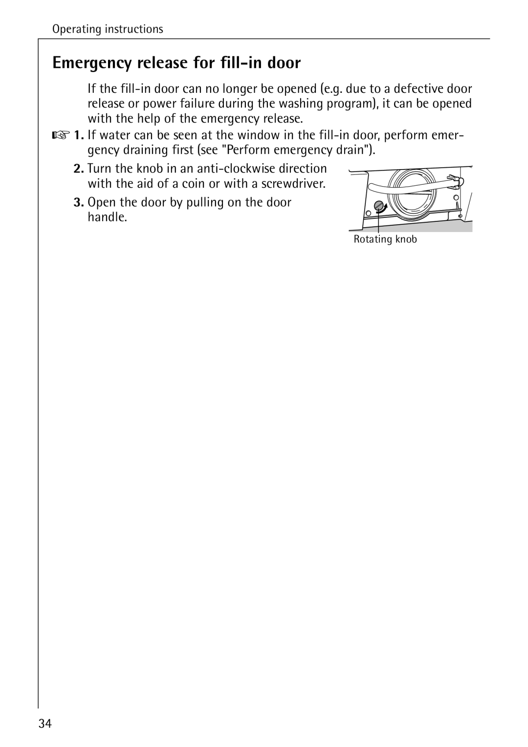 AEG 72620 manual Emergency release for fill-in door 