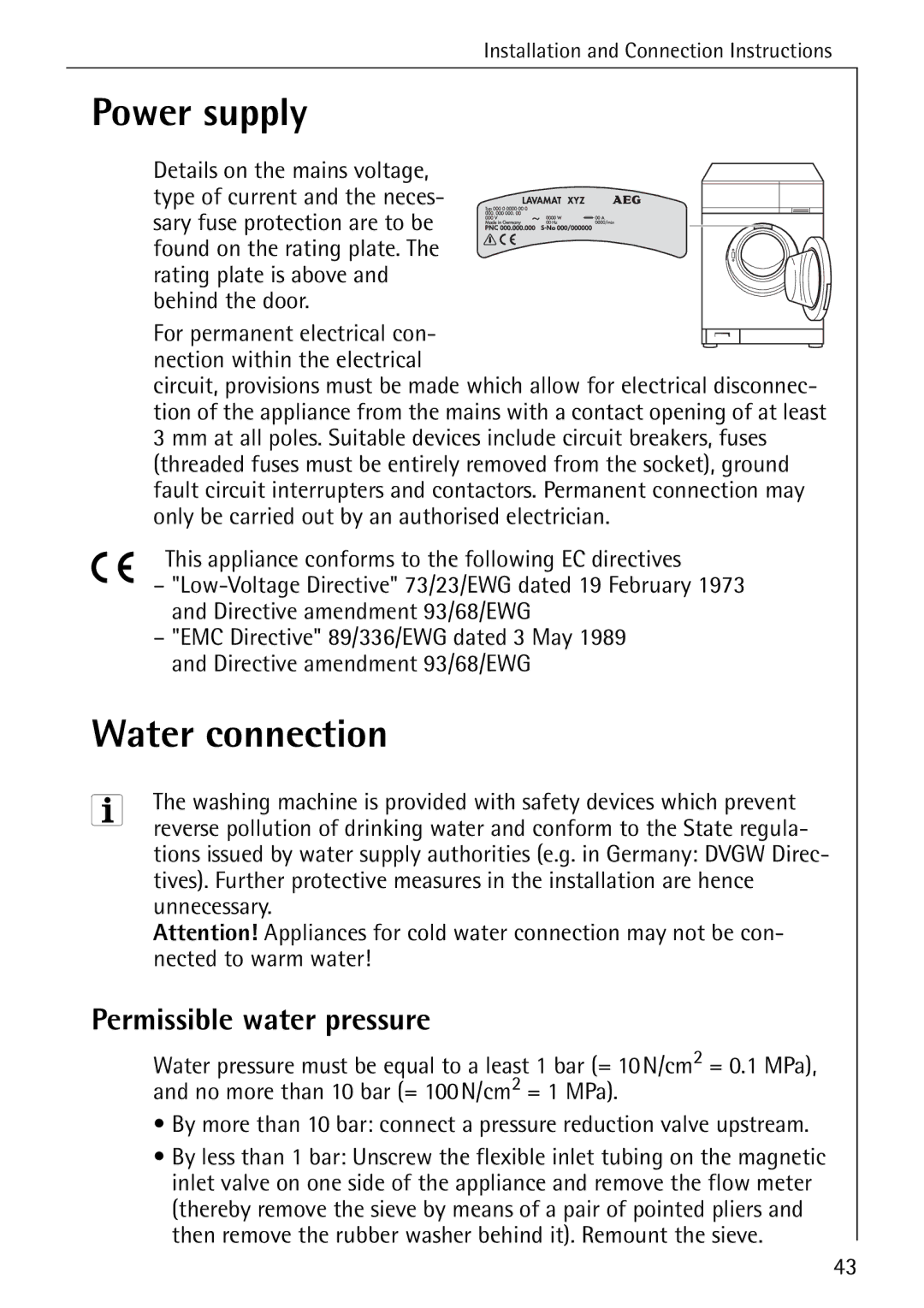 AEG 72620 manual Power supply, Water connection, Permissible water pressure 