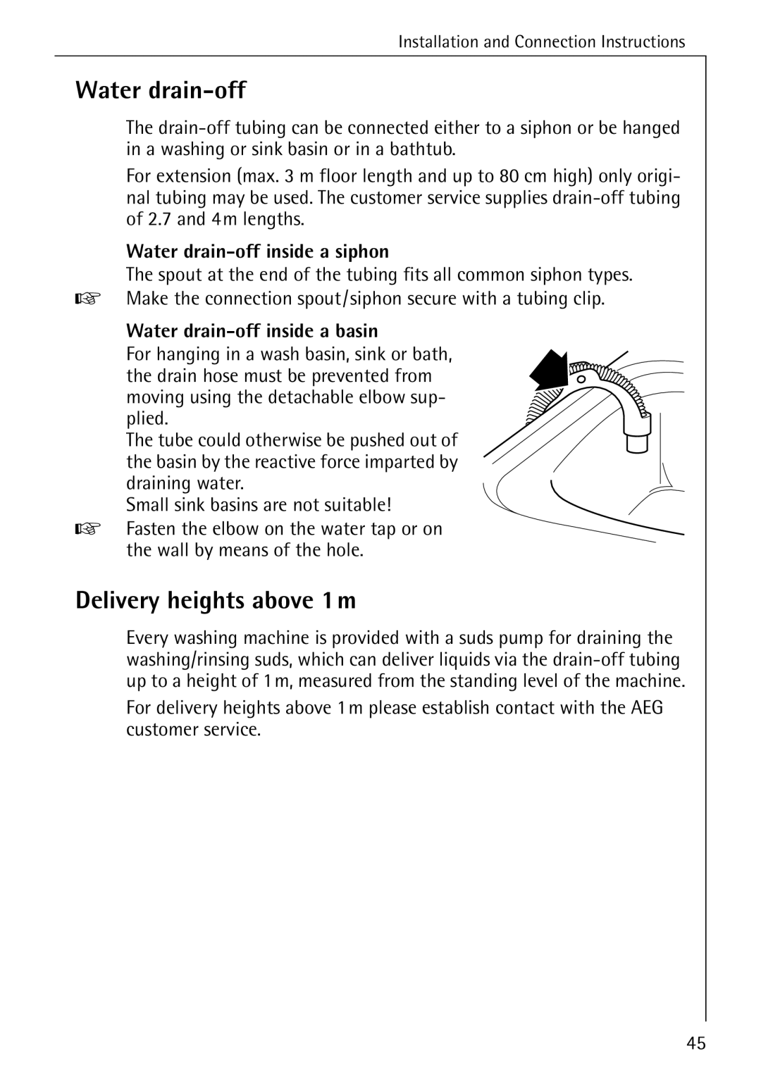 AEG 72620 manual Delivery heights above 1m, Water drain-off inside a siphon, Water drain-off inside a basin 