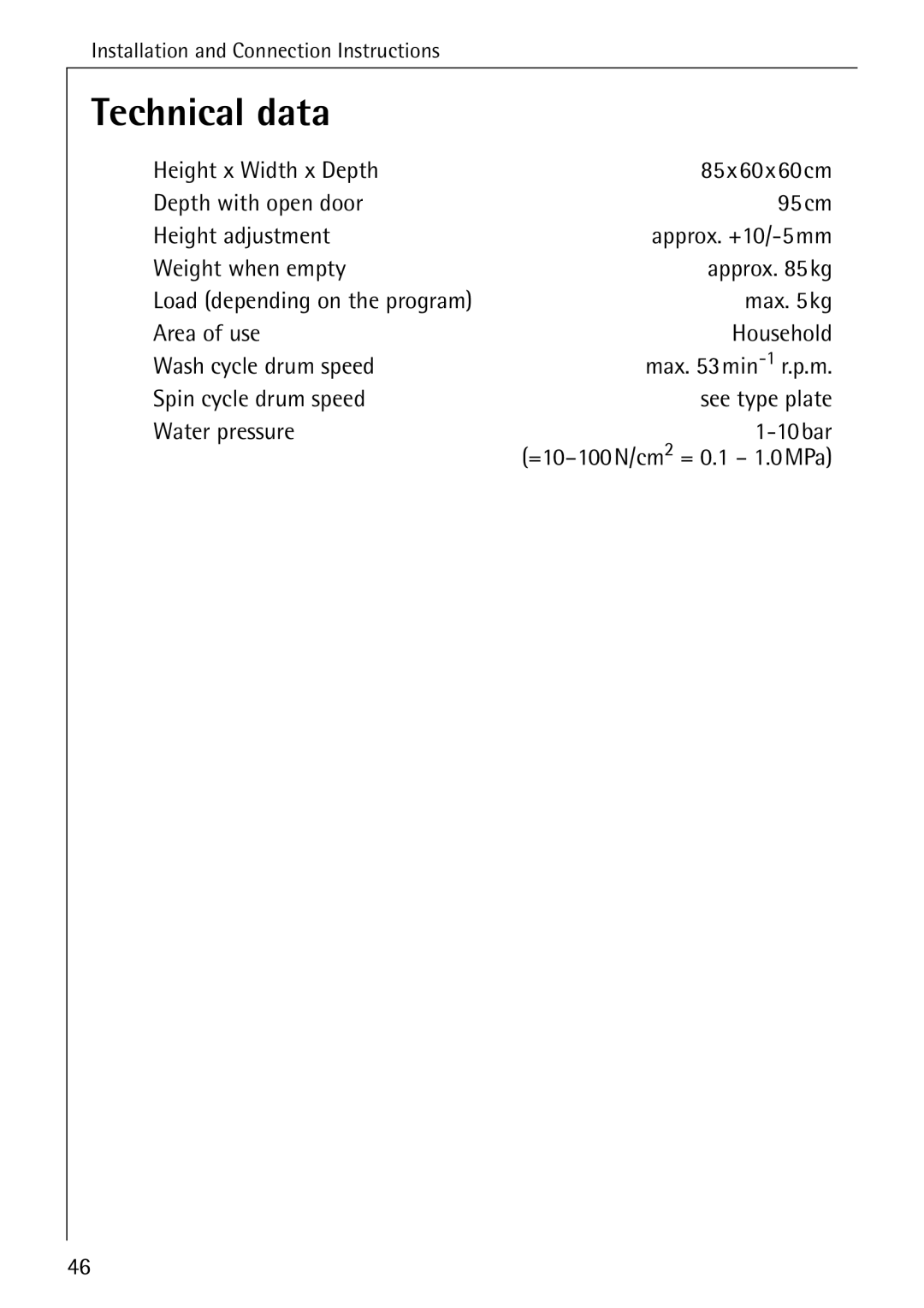 AEG 72620 manual Technical data 