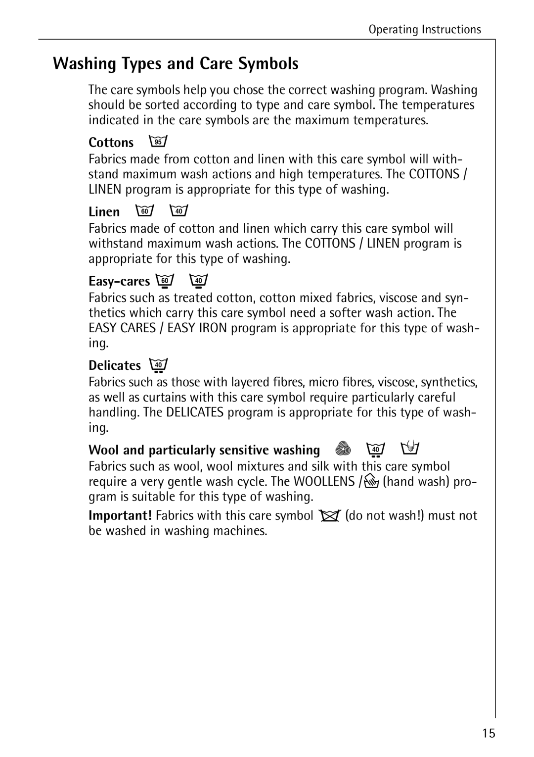 AEG 72630 manual Washing Types and Care Symbols 