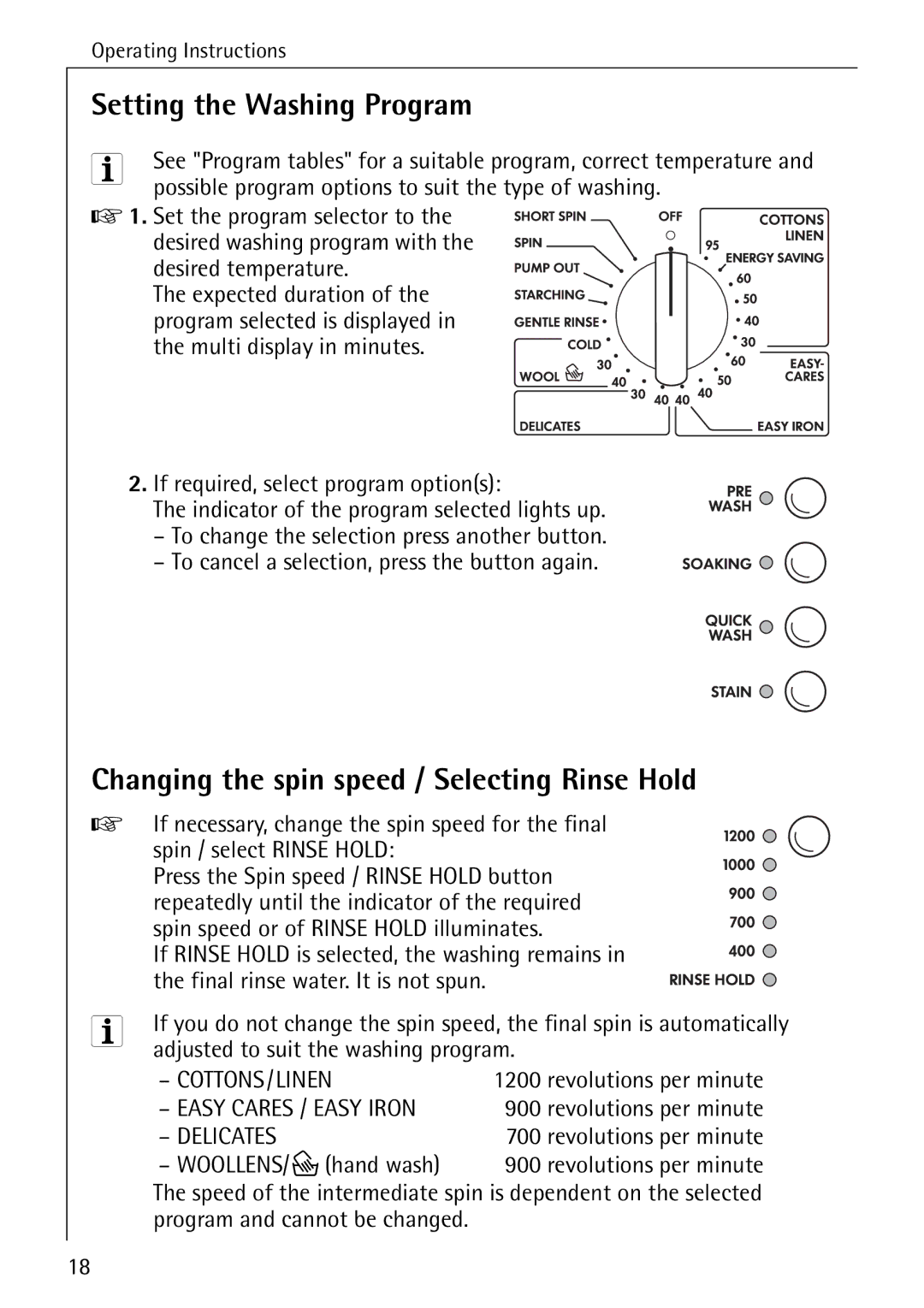 AEG 72630 manual Setting the Washing Program, Changing the spin speed / Selecting Rinse Hold, WOOLLENS/P hand wash 