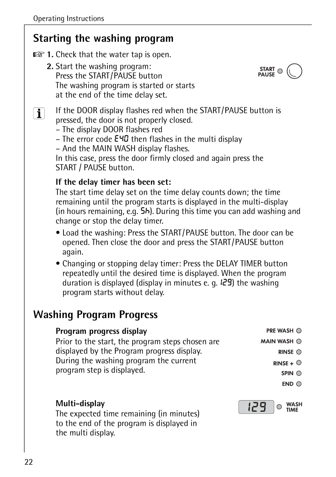 AEG 72630 manual Starting the washing program, Washing Program Progress, If the delay timer has been set, Multi-display 