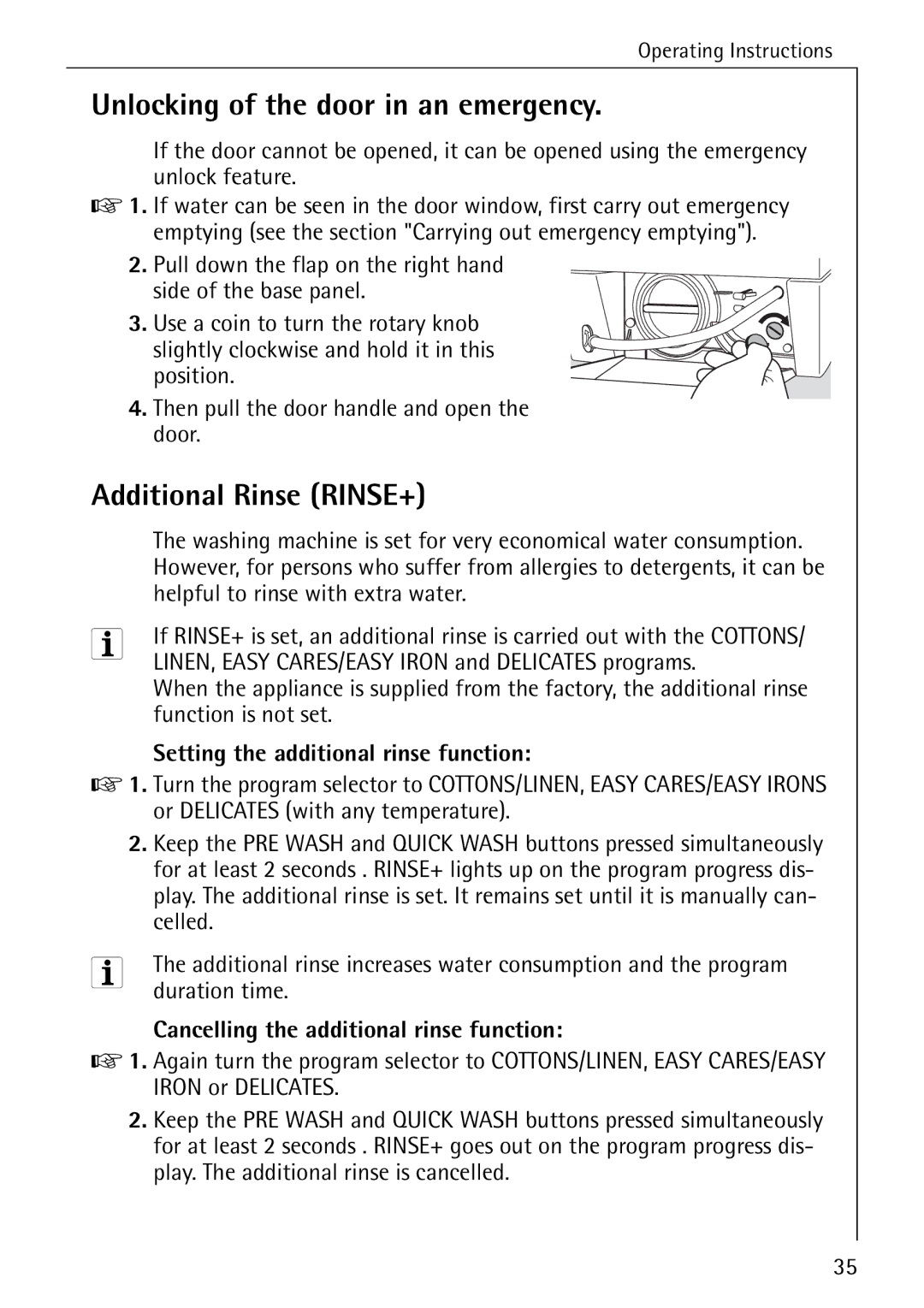 AEG 72630 manual Unlocking of the door in an emergency, Additional Rinse RINSE+, Setting the additional rinse function 