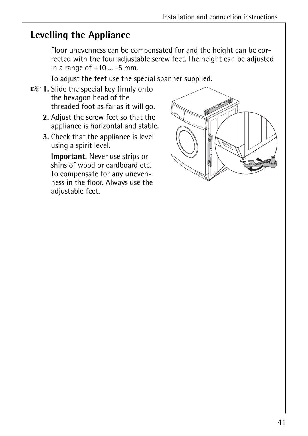 AEG 72630 manual Levelling the Appliance, Check that the appliance is level using a spirit level 