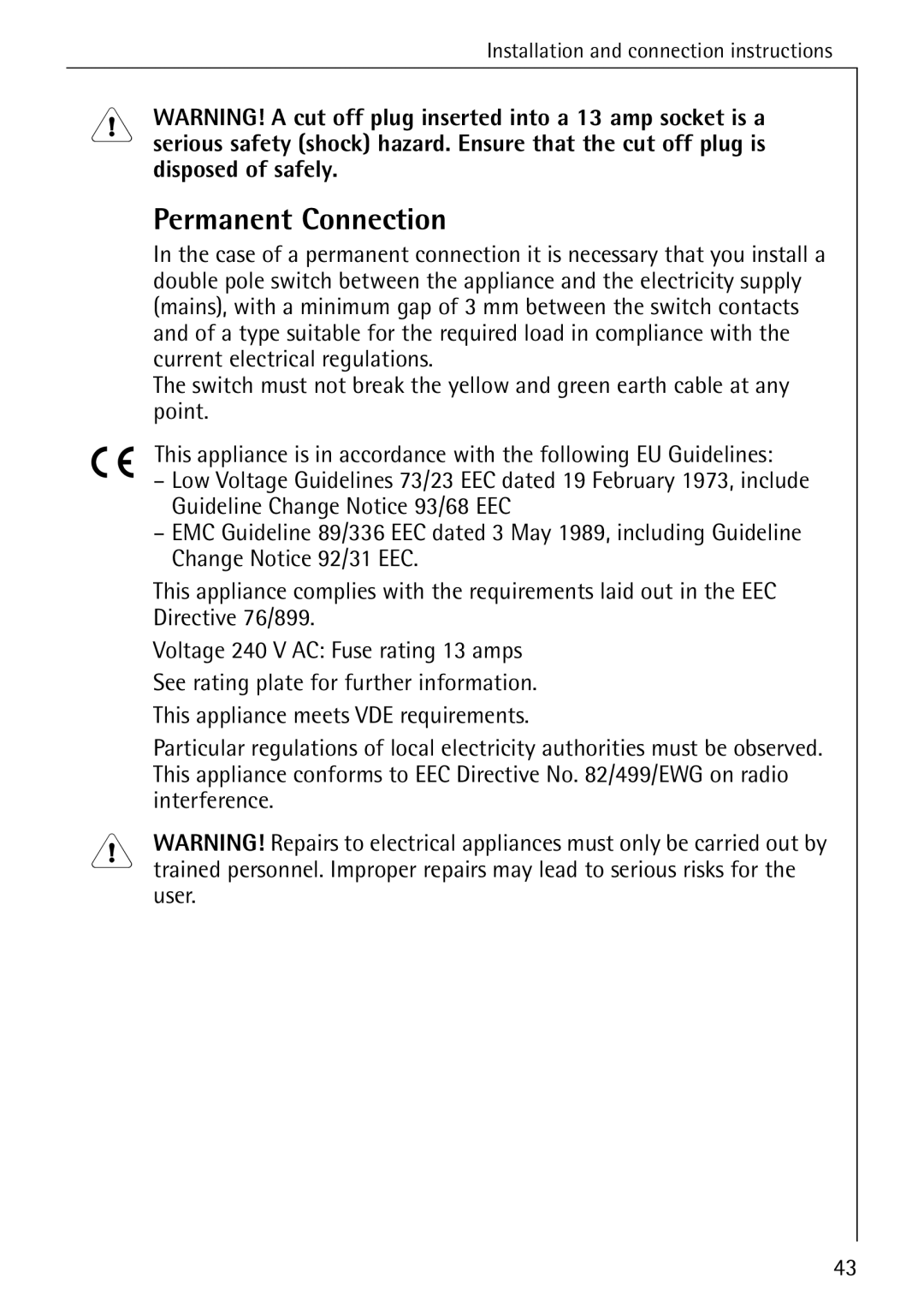 AEG 72630 manual Permanent Connection, Disposed of safely 