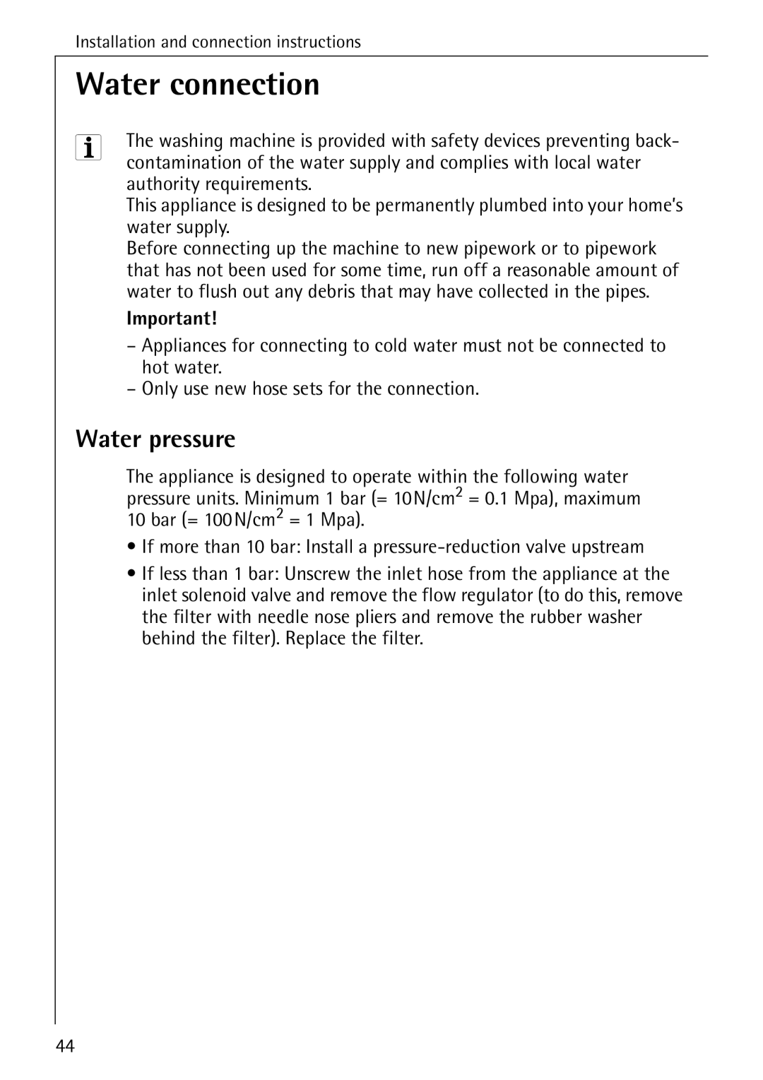 AEG 72630 manual Water connection, Water pressure 