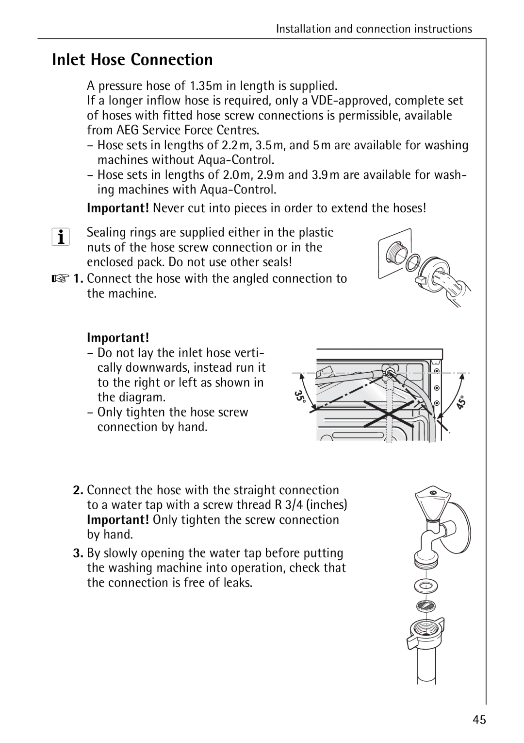 AEG 72630 manual Inlet Hose Connection 